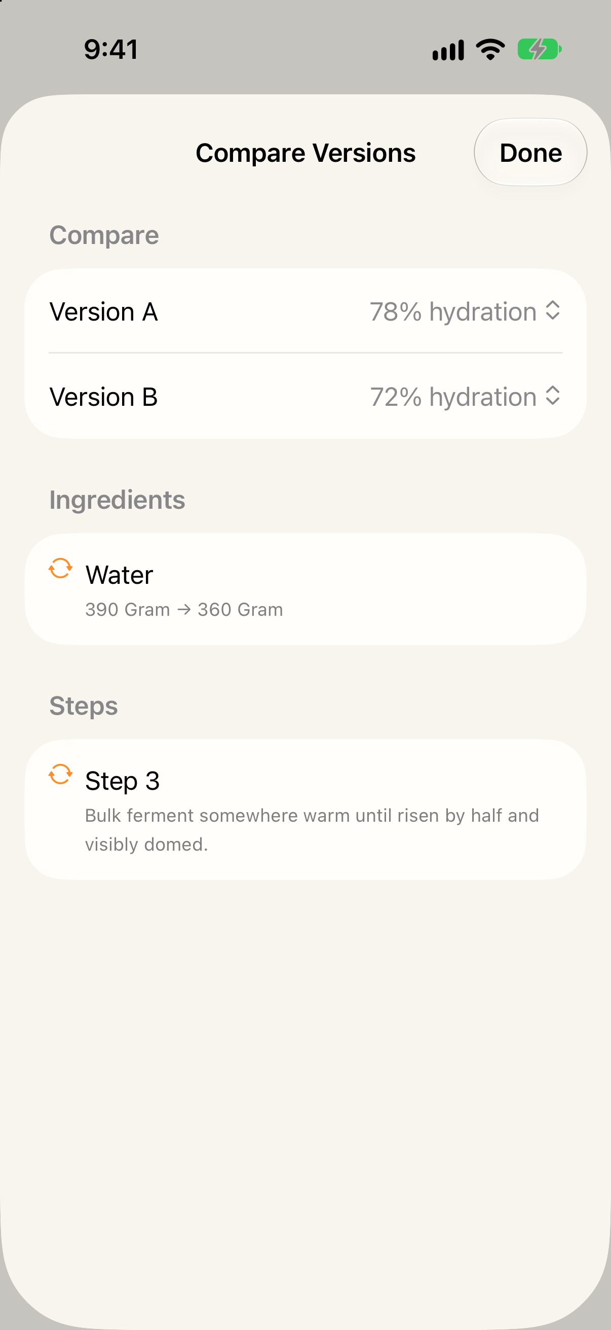 Two versions of Country Sourdough compared side by side: water changed from 390 to 360 grams, and the bulk ferment step reworded