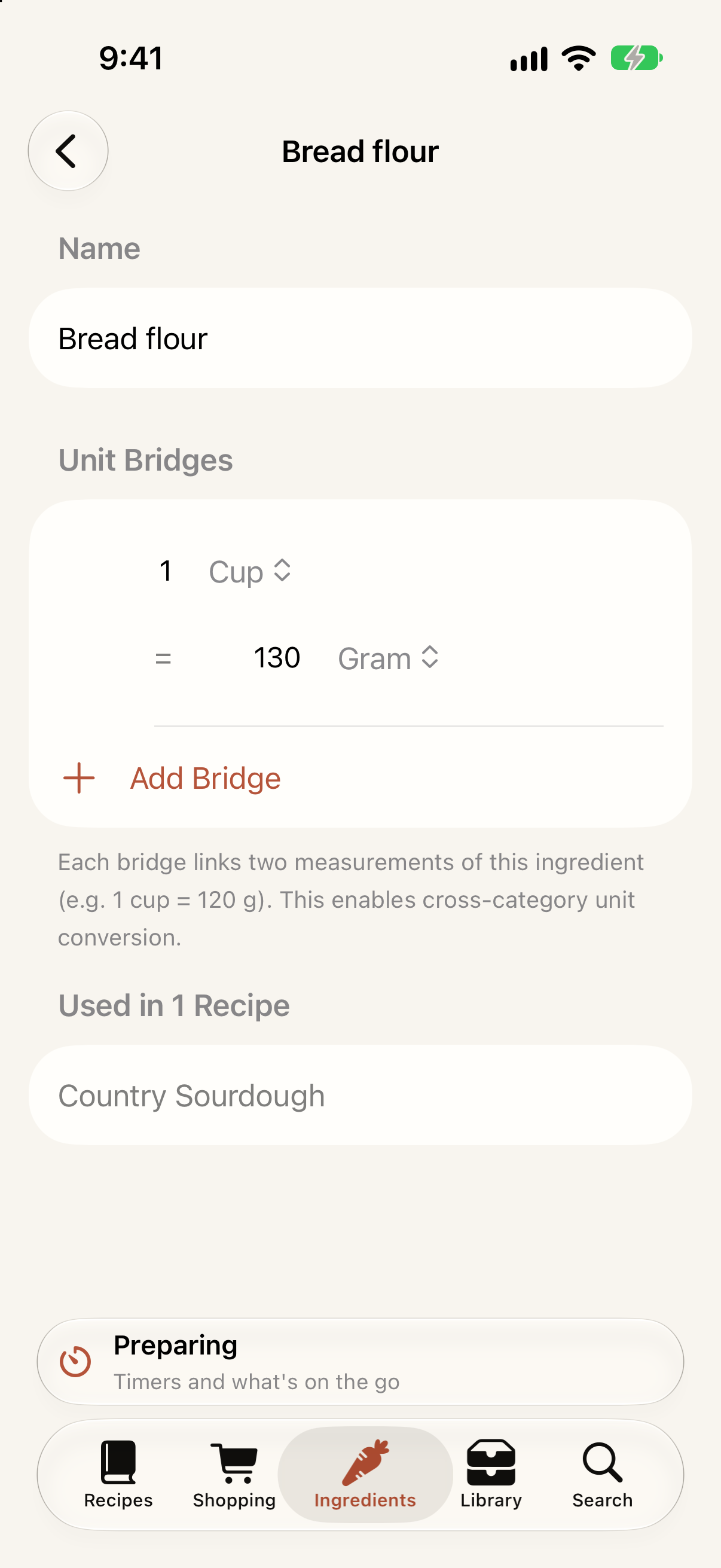 The ingredient Bread flour, with a unit bridge defining one cup as 130 grams
