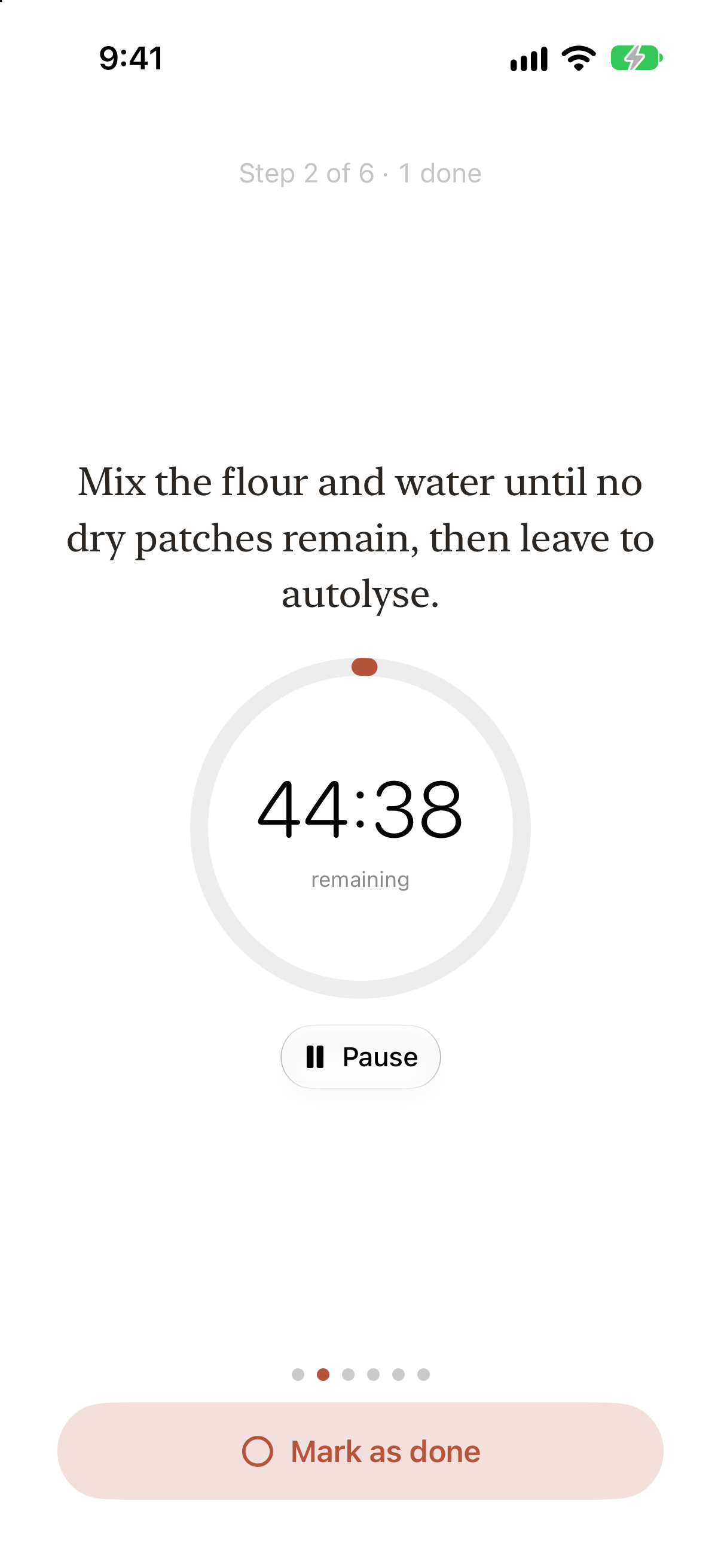 Cook mode: step 2 of 6, mix the flour and water until no dry patches remain, with a timer counting down the autolyse